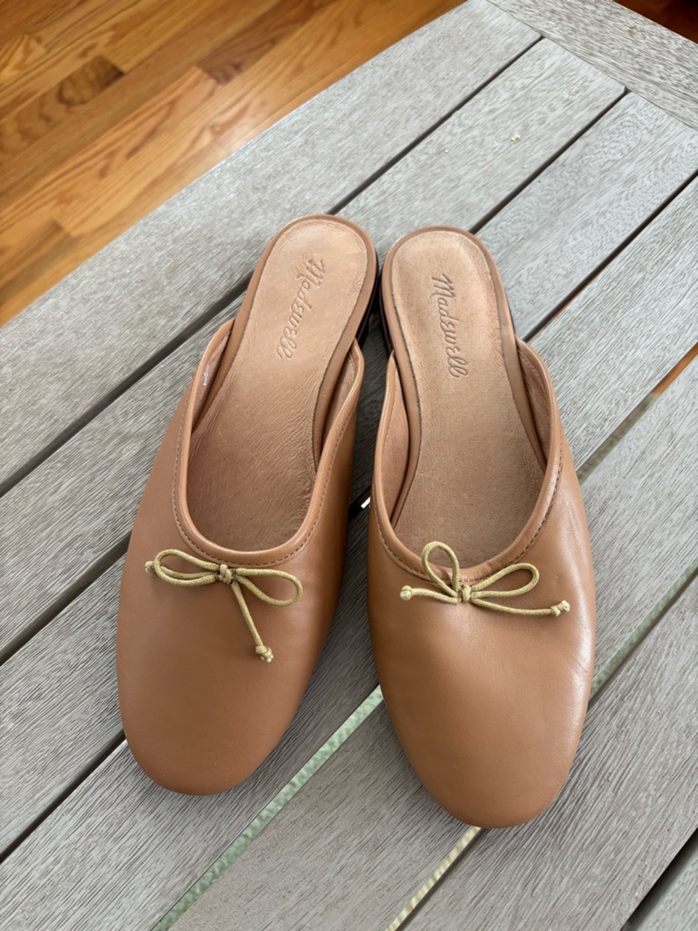 Madewell Tan Leather Bow-Trim Slip-On Mules